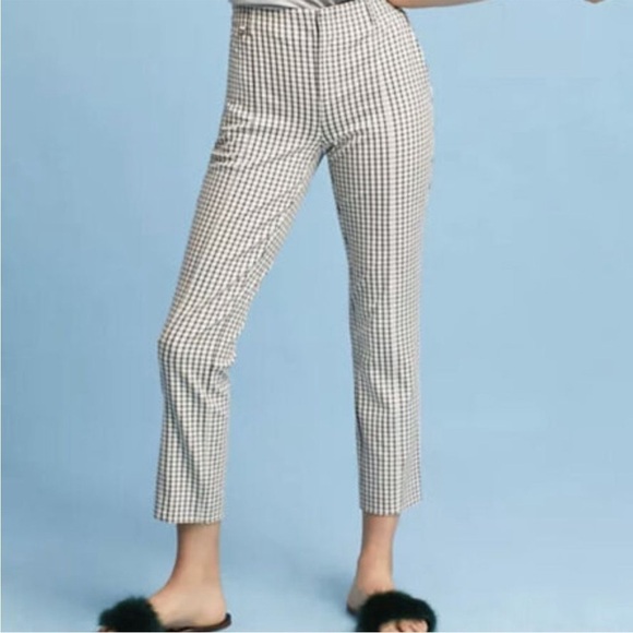 Anthropologie Essential Slim Trouser Crop Pants Ivory Black Check Womens Sz 10 - Picture 3 of 14